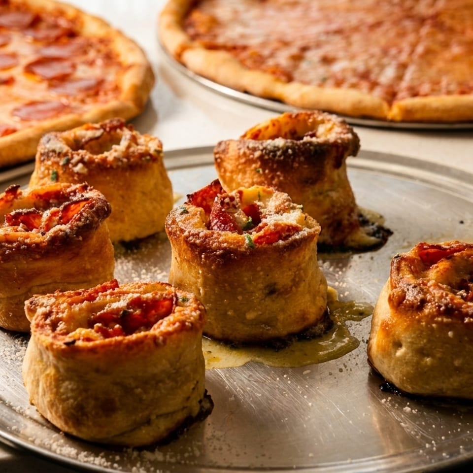 Six golden-brown pizza rolls with melted cheese and pepperoni on a metal tray, with two pizzas in the background.