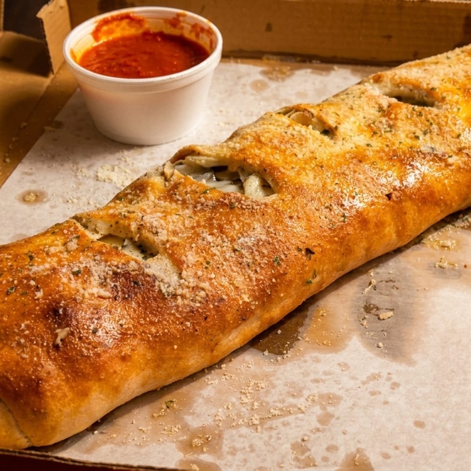 Golden-brown stromboli with parmesan and herbs, served with a side of marinara sauce in a pizza box.