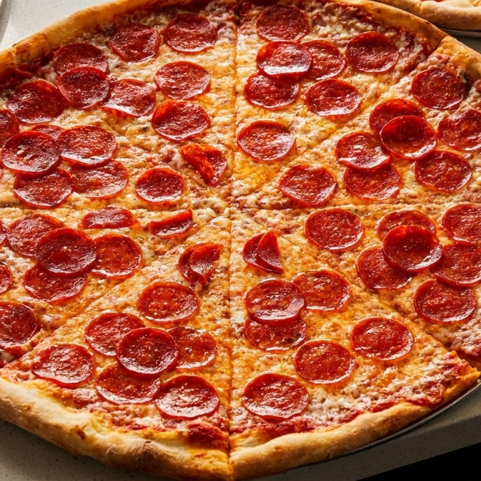 A large, round pepperoni pizza with golden crust, sliced into eight pieces, on a metal tray.