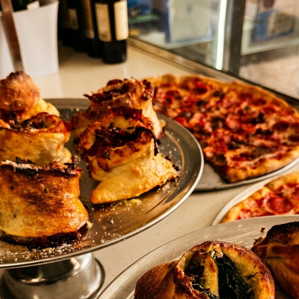 A display of various pizzas and savory pastries on metal trays, with bottles in the background.