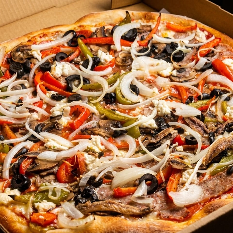 A whole pizza in a cardboard box, topped with onions, peppers, olives, mushrooms, and feta.