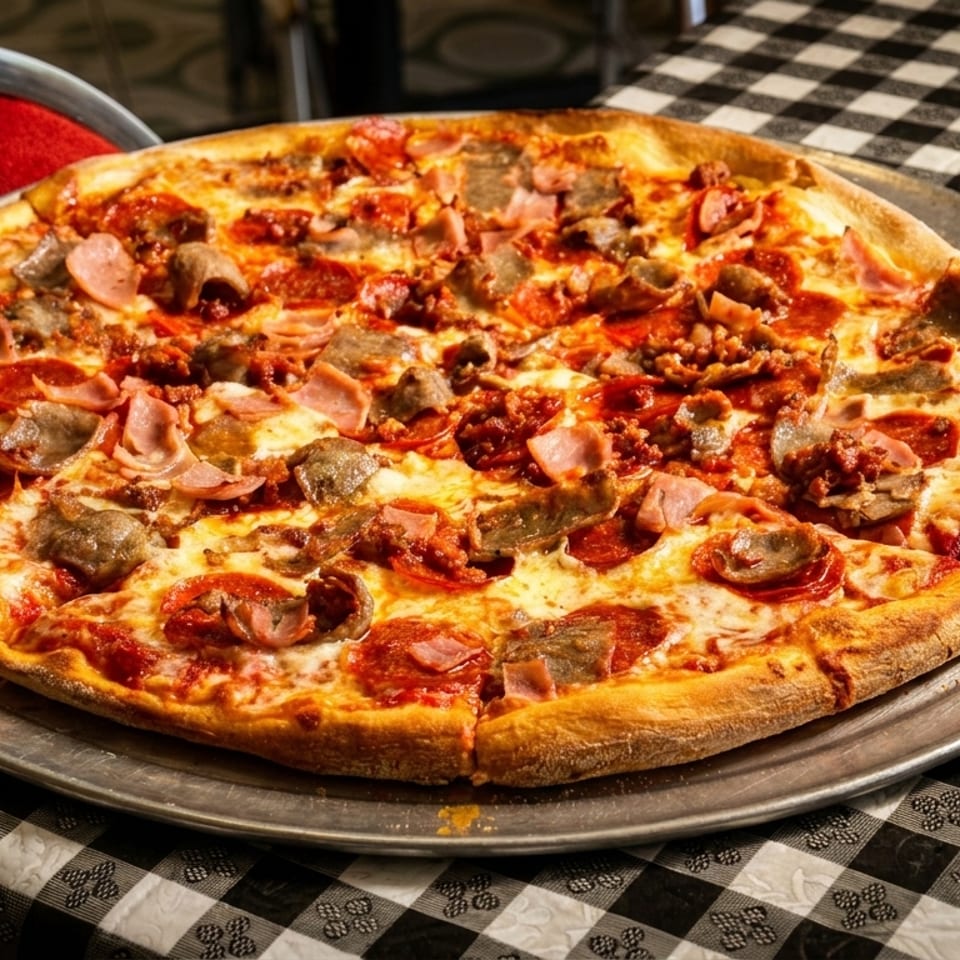 A large meat lover's pizza with pepperoni, sausage, and ham on a checkered tablecloth.